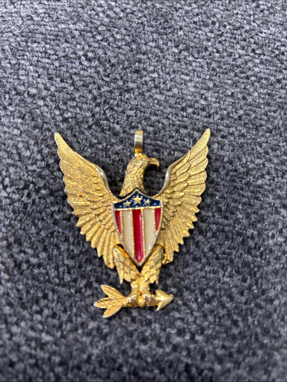 Vintage American Eagle Gold-Tone Articulated Pendant Enamel Flag Shield